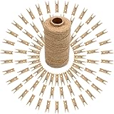 jijAcraft 100 Pcs Mini Natural Wooden Clothespins and 328 Feet Jute Twine,Baby Clothes Pins,3.5cm Craft Photo Clips for Home 