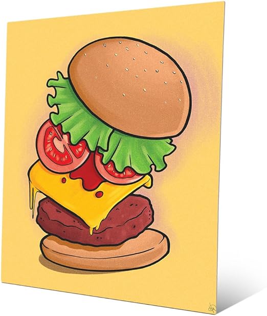 amazon com supreme burger on yellow cartoon drawing of cheeseburger for kitchen diner bar pub wall art print on metal posters prints supreme burger on yellow cartoon drawing of cheeseburger for kitchen diner bar pub wall art print on metal