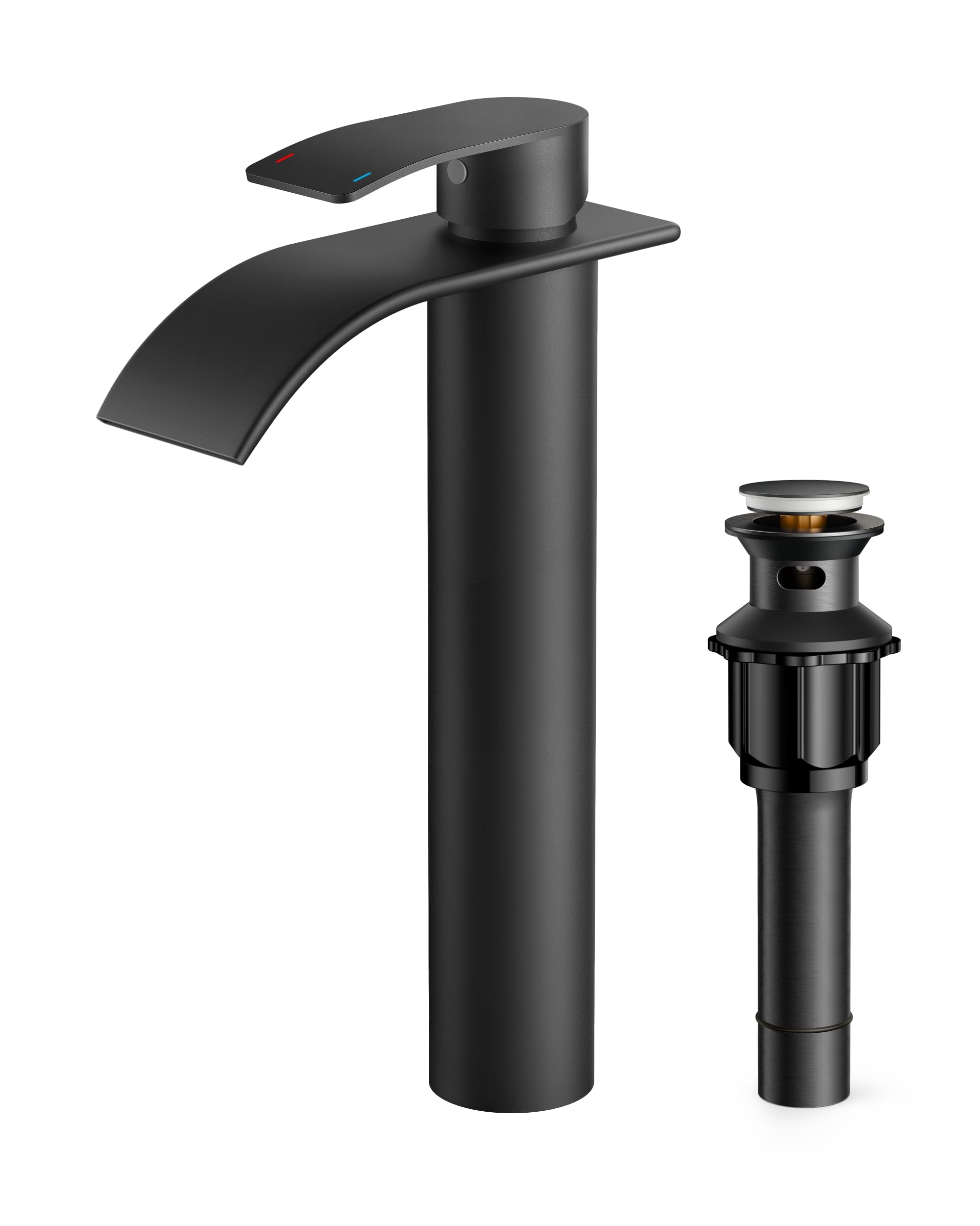 FORIOUS Waterfall Bathroom Vessel Sink Faucets with Metal Pop up Drain and Lead-Free cUPC Hose, Mate Black Single Handle Tall Bathroom Faucet 1 Hole, 11inch for Bath,Vessel Image