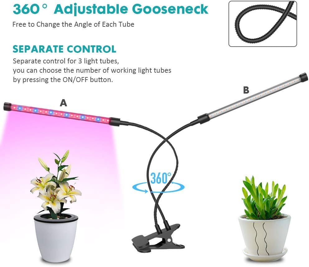 GROSSYLAND LED Grow Light Red Blue Spectrum for Indoor Plants with Timer, 2-Head Plant Growing Lamps with 3 Switch Modes and 6 Levels Dimmable for Succulent Plants, Hydroponic Plants : Garden & Outdoor