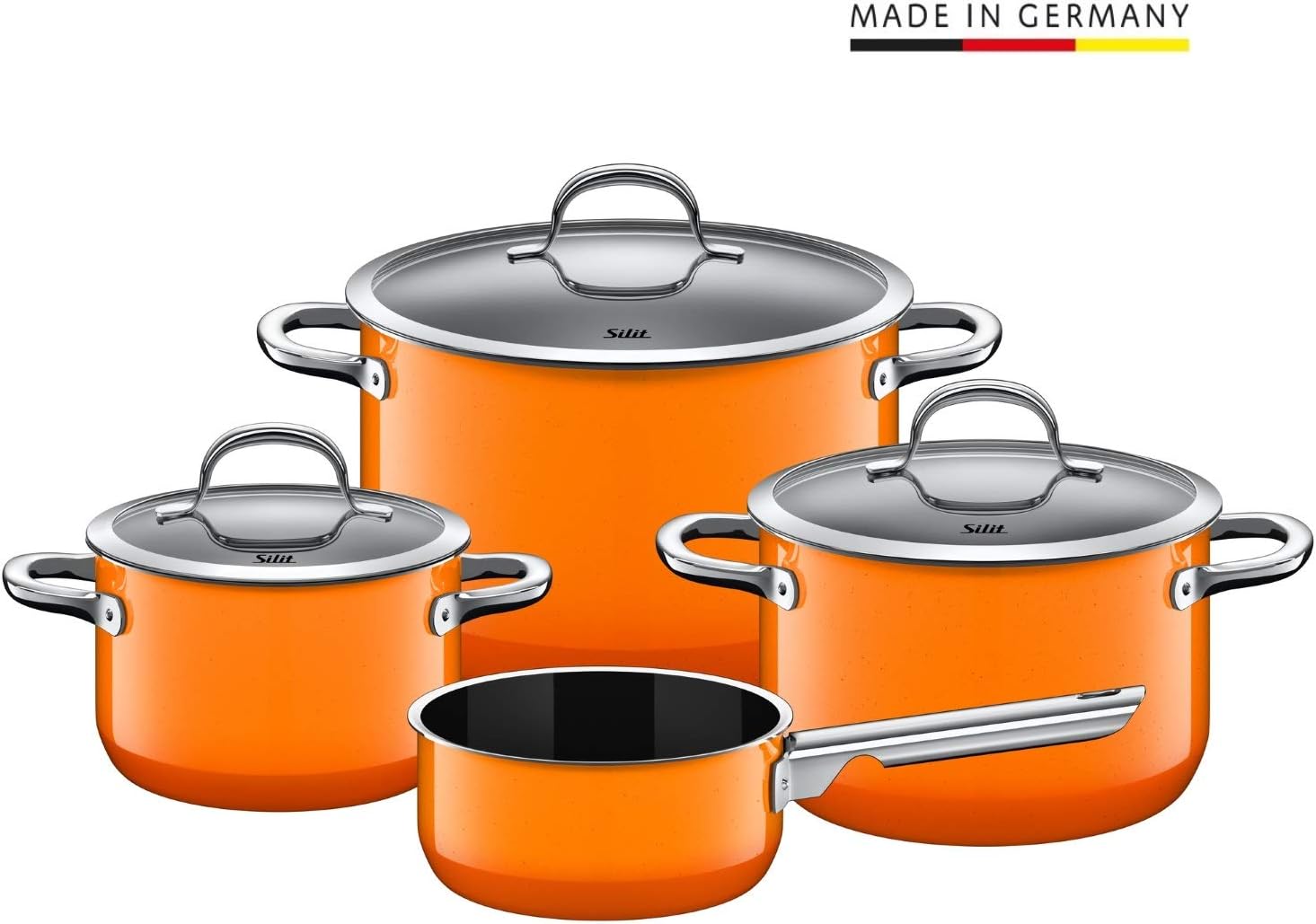 Silit Passion Orange Topfset 4teilig, Töpfe mit Glasdeckel, Silargan Funktionskeramik