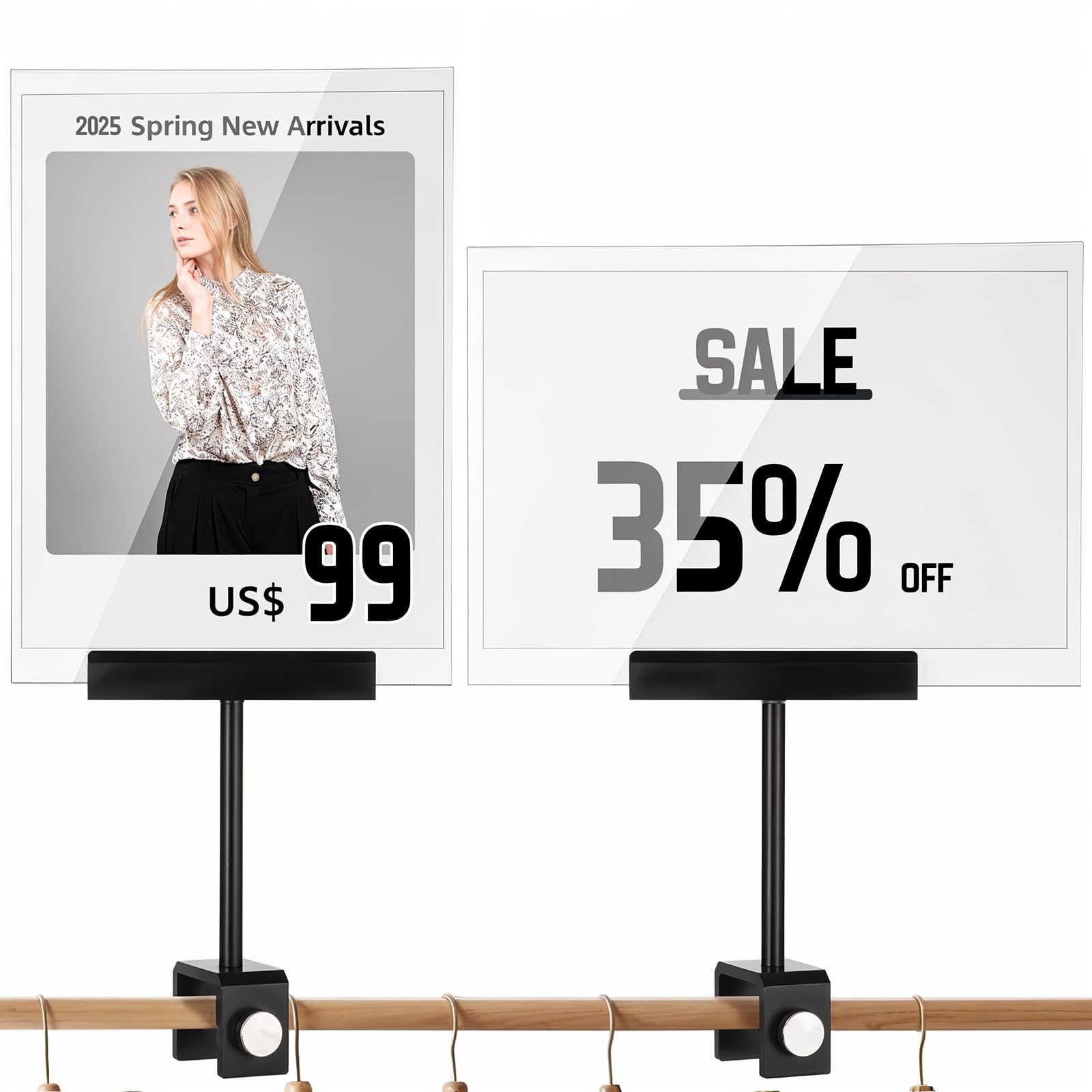Photo 1 of 2 Sets Aluminum Alloy Sign Holder Clamp with 5.83 x 8.27 Inch Acrylic Frame Sign Holder Clip, Rotatable Holding Clamp Sign Holders for Clothing Stores Price Tag Office (Black)