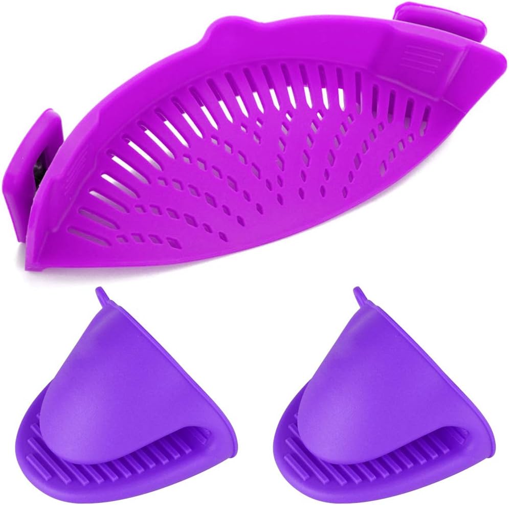 Silicone Clip-on Strainer Colander,DanziX Hands-Free Heat Resistant Drainer Filter for colander and sieve snaps on bowls,pots and pans,with 2 Silicone Gloves-Purple