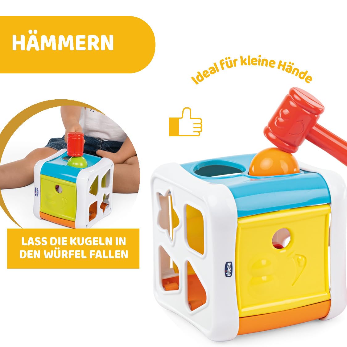 Chicco 2 IN 1 SORTIER & SCHLAGWÜRFEL, Sortieraktivität mit 4 Formen auf Zwei Würfelseiten mit Hammer für 2 Kugel, bunt, 10M+ 5