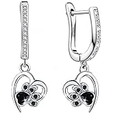 Dangle Hoop Earrings with Black CZ Charm Sterling Silver Heart Paw Print Earrings Sweet Cute Puppy Cat Dog Paw Huggie Earrings Hypoallergenic Animal Lovely Gifts for Pet Lovers Women Daughter Birthday