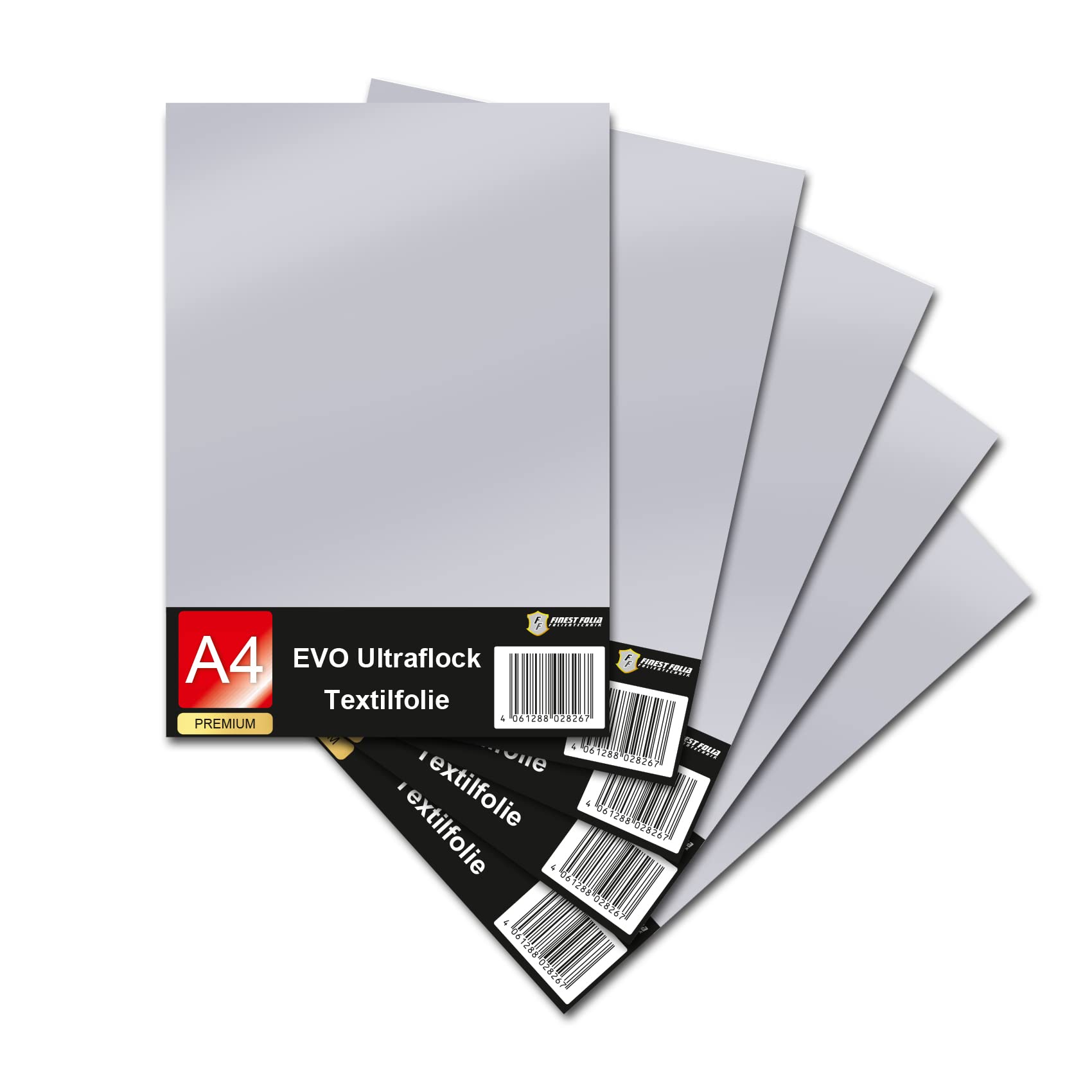 Evo Ultraflock Textile Film for Plotter, 33 Colours, Flock Film in DIN A4 Format, 30 x 20 cm, Plotter Film for Fabric, Clothing, T-Shirt, Flock Film Accessories (Set of 5, 031 Grey)