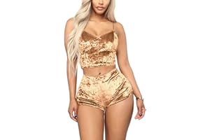 Angsuttc Women's Velvet 2 Piece Outfit Spaghetti Strap Crop Top Shorts Pajamas Set Sleepwear Nightwear