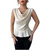OYOANGLE Women's Cowl Neck Satin Blouse Ruched Work Dressy Sleeveless Ruffle Peplum Tops