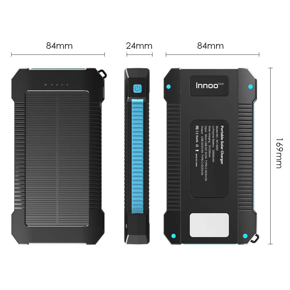 Innoo Tech Cargador Solar 20000mAh, Power Bank portátil con Batería Externa y Protección IP65 (a Prueba de Golpes, Agua, Polvo), Indicadores y Linterna LED para teléfono Android, Apple, Altavoces
