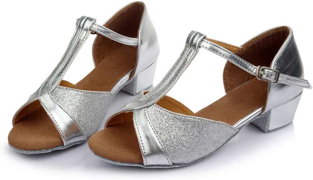 GACOZ Girl Latin Shoes, Training Waltz Rumba Samba Tango Ballroom Dance Shoes Sparkly Glitter Open Toe Comfortable Low Heel Shoes for Little/Big Kids