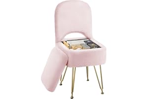 GREENSTELL Small Vanity Stool Chair with Storage and Folding Back, 13.4" x 15" x 30" Square Faux Fur Soft Ottoman, 4 Metal Legs with Anti-Slip Feet, Furry Padded Seat for Makeup, Bedroom, Pink