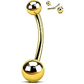 OUFER Titanium Belly Button Rings, Gold Belly Rings, Internally Threaded Navel Piercing Jewelry, Long Belly Piercing Jewelry, Curved Barbell, Belly Rings For Women Men