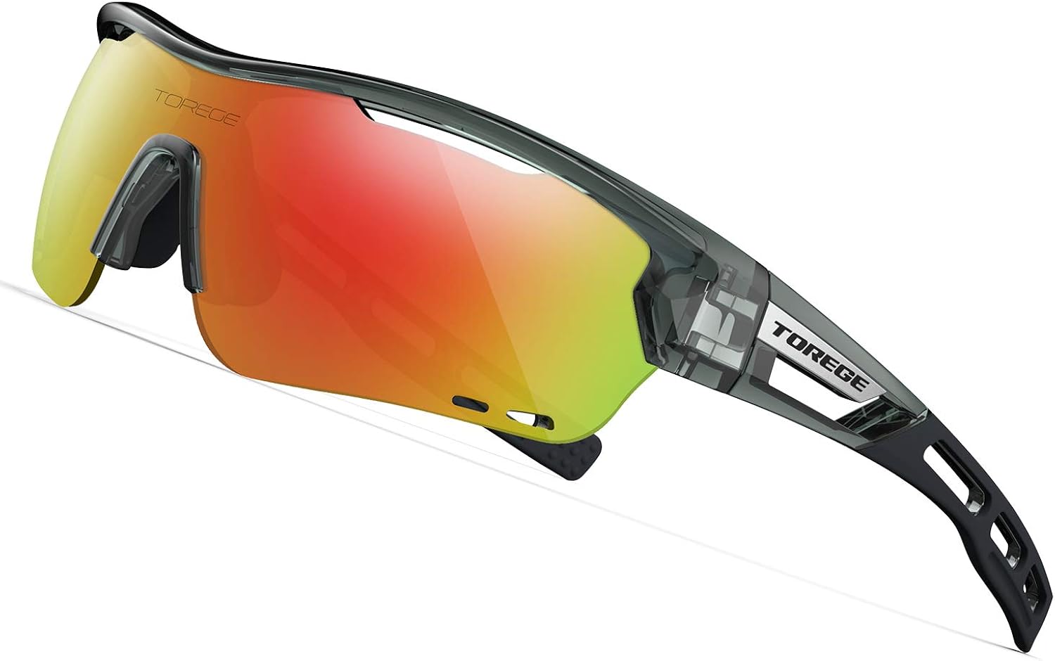 TOREGE Polarized Sports Sunglasses for Men Women Cycling Running Driving TR033(Transparent Gray&Black Tips&Green Lens) : Clothing