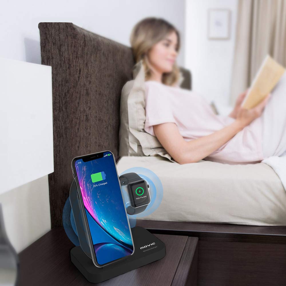 Movic 2 in 1 Qi Wireless Fast Charging Station (QC 3.0 Adaptor Included) Pad Dock for Apple Watch Series 1/2/3/4 iPhone 8/X/XS/XR, Samsung Galaxy and All Qi Enabled Devices MFi-Certified - (Black)