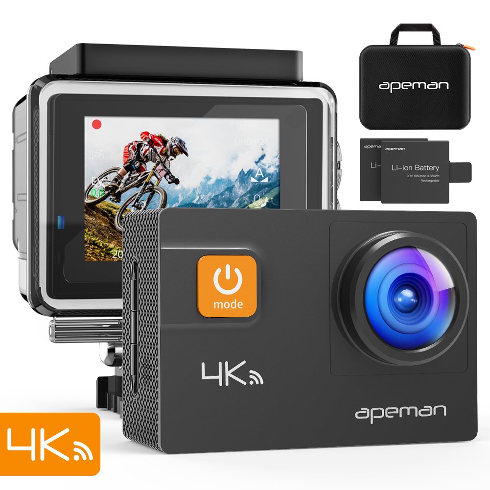 APEMAN Cámara Deportiva 4K 20MP WiFi Ultra HD Subacuática Impermeable 40M con 170° Gran Angular EIS Sensor Avanzado, 2 Baterías 1050mAh, Maletín y 24 Accesorios Multiples