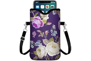 IRADA Neoprene Cell Phone Sleeve Pouch Case Bag with Crossbody Strap Neck Lanyard for Women Men 7.6 X 4.3 Inches-Purple Floral Shockproof Universal Phone Bag