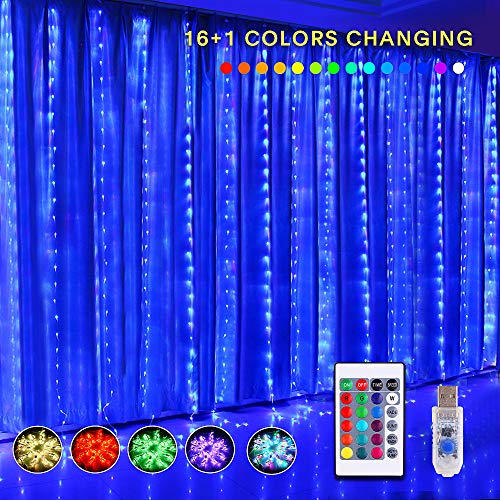 KJOY 16 Color Changing Rainbow Curtain Lights Backdrop Window String Lights, 310LED USB Remote Control Fairy Icicle Lights for Valentine\'s Day, Bedroom, Weddings, Party, Christmas Decor, Birthday