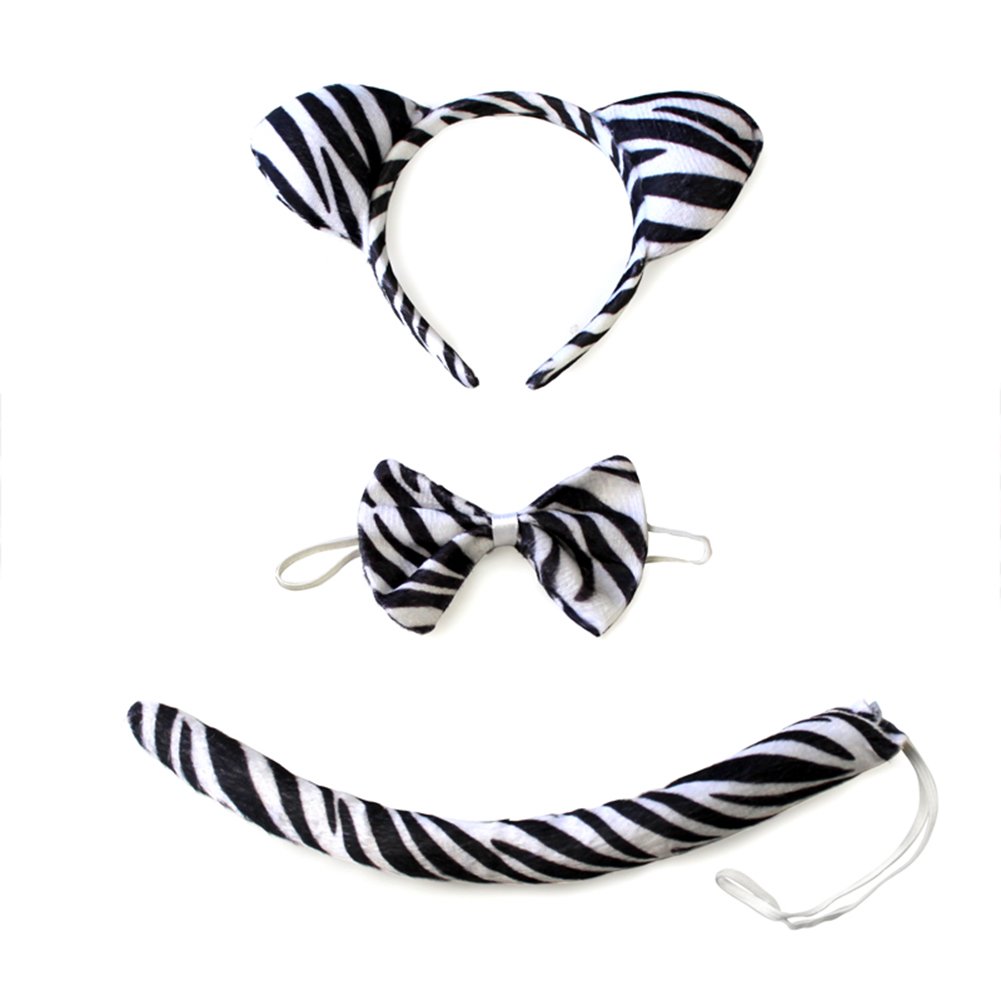 She's Shining Zebra Ears Headband Bowtie Tail 3pc Costume Animal Set Party Fancy Dress Accessory One Size