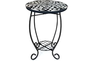 LIFFY Outdoor Side Table,12" Round Ceramic Tabletop Accent Table with Metal Frame, Indoor Small Decorative Plant Stand & End 