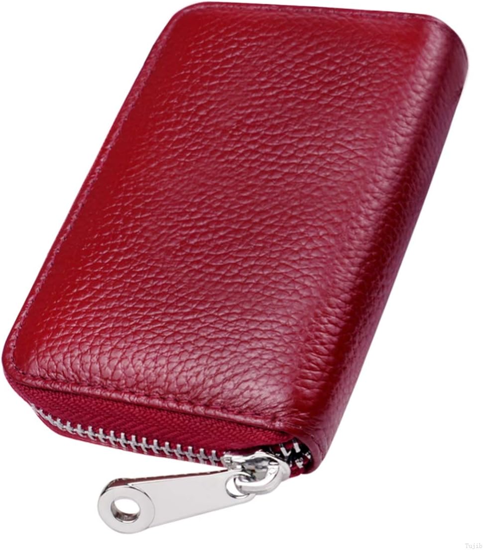 RFID Blocking Leather Wallet for Women,Excellent Women's Genuine Leather Credit Card Holder Ladies Small Blocked Accordion Wallets with Stainless steel Zipper Compact Accordian ID Cards bag Wine Red