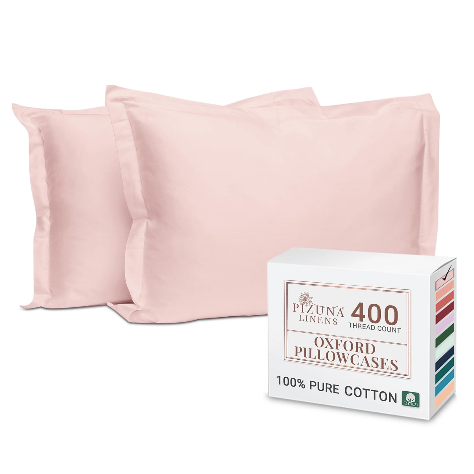 Pizuna 100% Cotton Standard Pillowcases 2 Pack Light Pink 50x75cm, 400 Thread Count Long Staple Combed Cotton Soft Pillow Cover, Sateen Weave Oxford Pillow Cases (Cooling Pillowcase 2PC) — image 1