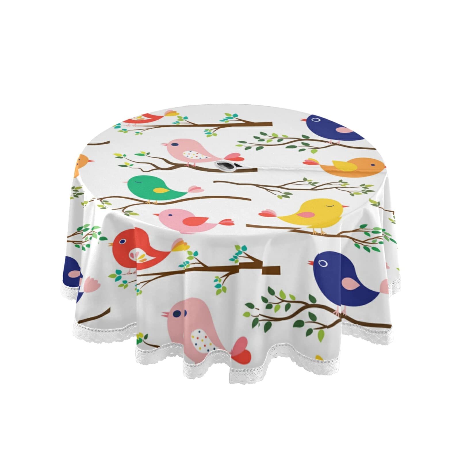 xigua Cute Colorful Bird Tablecloth Durable 60 Inch Round Outdoor Table Cloth Cover with Zipper Umbrella Hole Camping Tablecloths for Outdoor Party Picnic