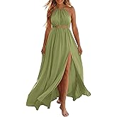 BTFBM Women Halter Summer Dresses 2026 Sleeveless Cutout Backless Sundress Slit Boho Maxi Beach Wedding Guest Dress