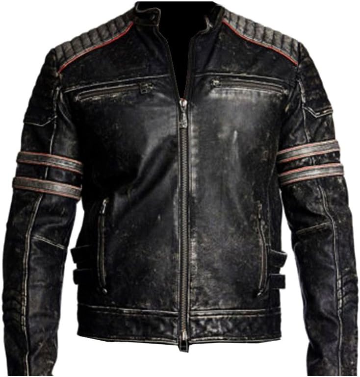 ABz LeathersMen's Distressed Retro Vintage Café Racer Motorcycle Black Leather Jacket (XXL, Black)