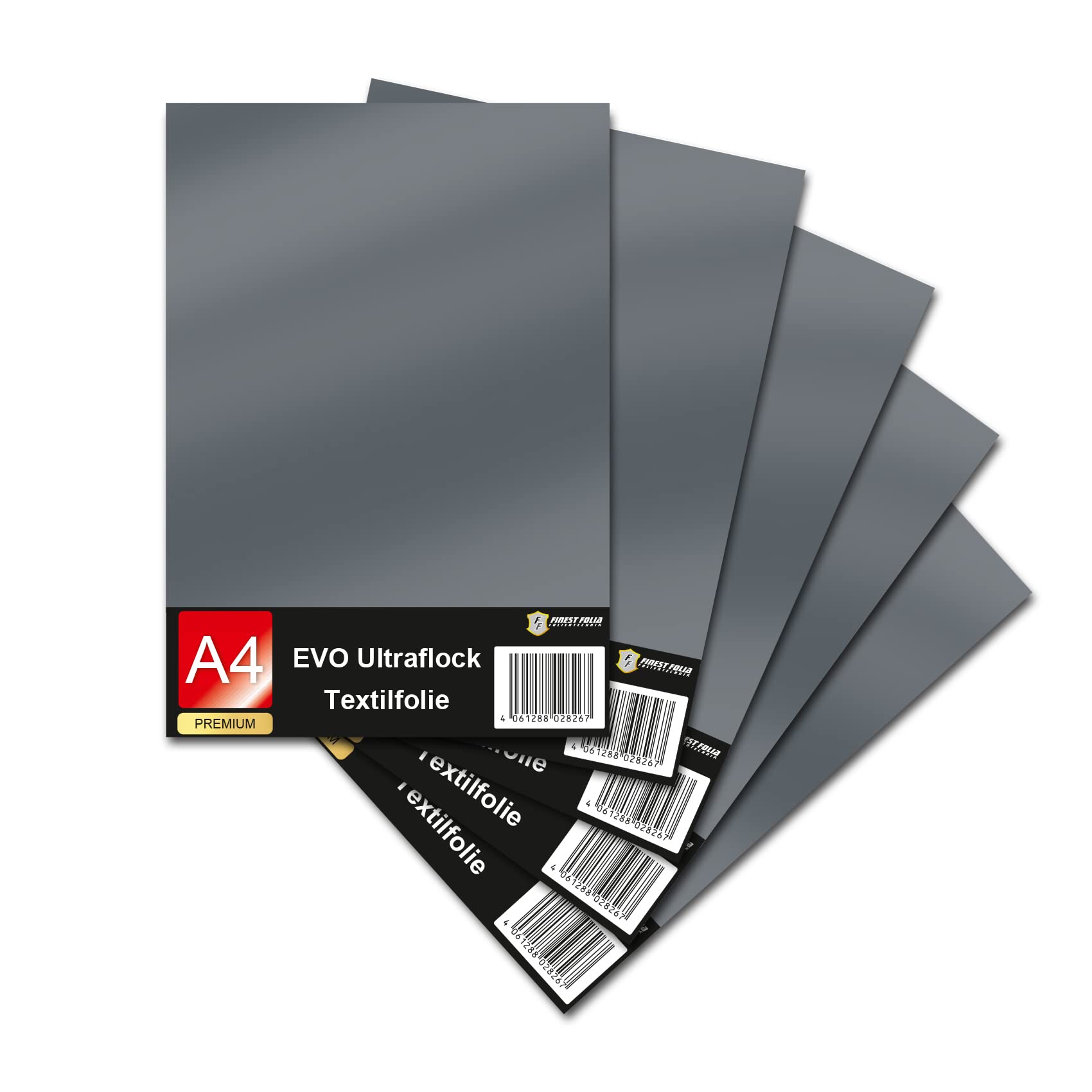 Evo Ultraflock Textile Film for Plotter 33 Colours Flock Film in DIN A4 Format 30 x 20 cm Plotter Film for Fabric Clothing T-Shirt Flock Film Accessories (Set of 5, 032 Anthracite)