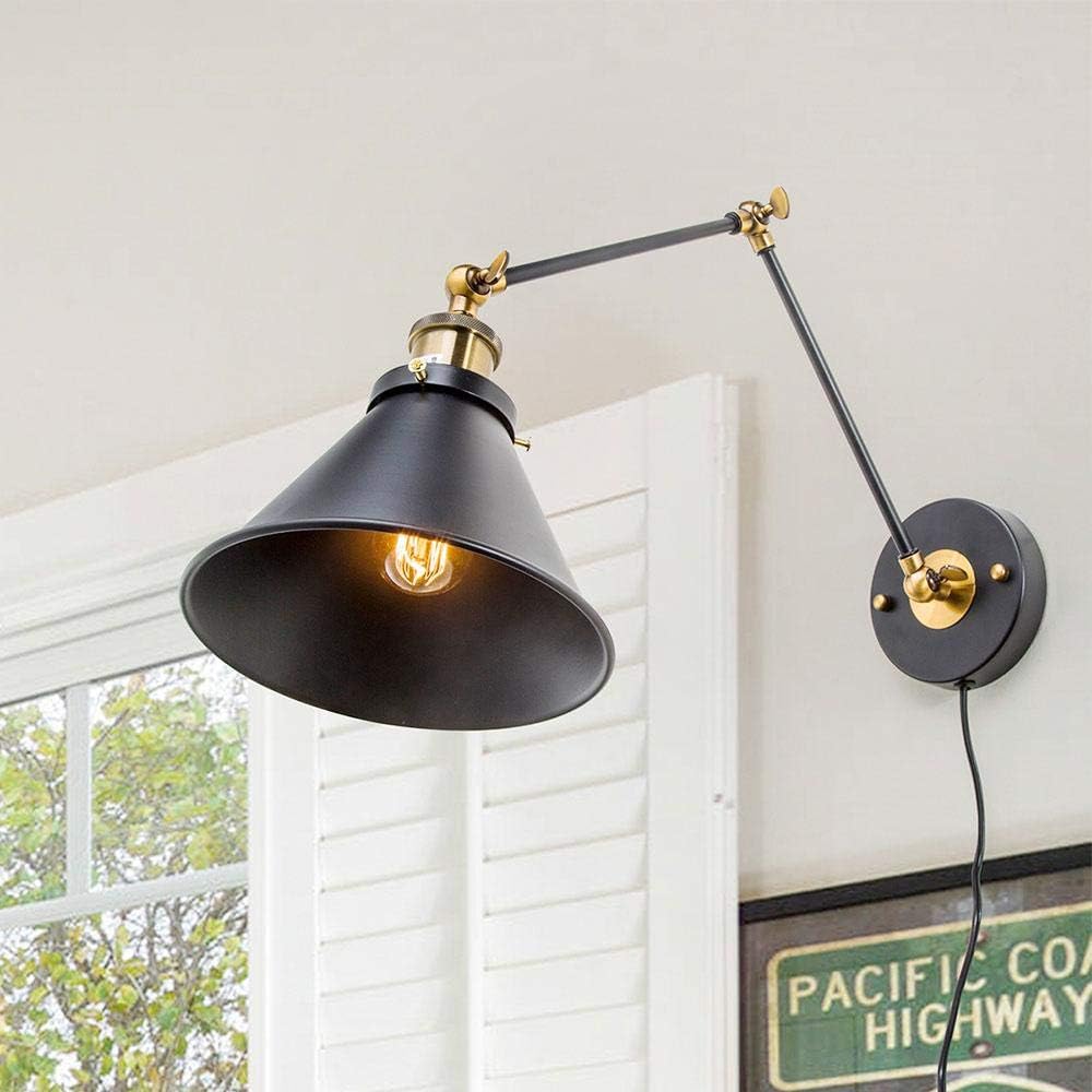 LNC Wall Sconces Swing Arm Plug-in or Hardwire Lamp A02246, Small, Antique Brass and Black Matte Finish