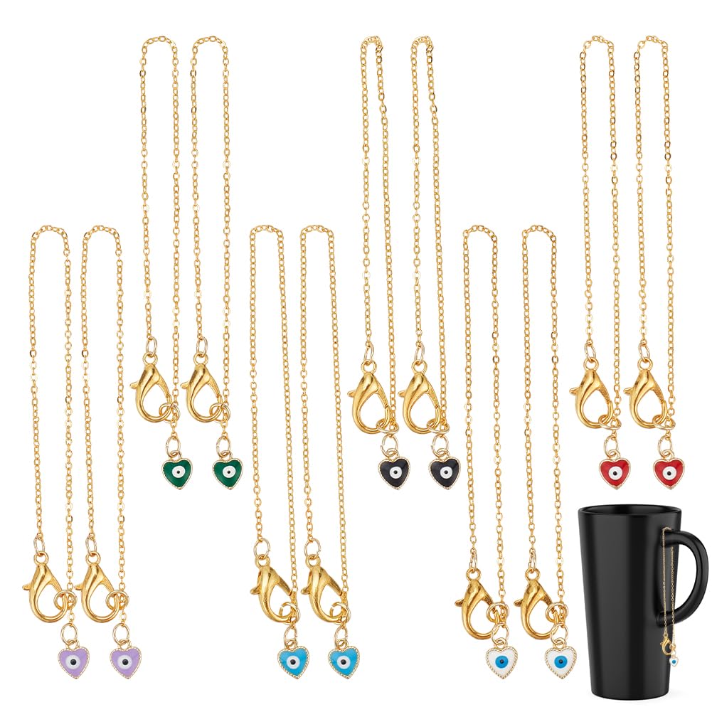 NBEADS 12 Pcs Evil Eye Wine Glass Charms Markers Tags, Heart Shape Golden Wine Charms with Lobster Clasps and Cable Chains for Glasses Tumbler Cup Wine Tasting Party Gift