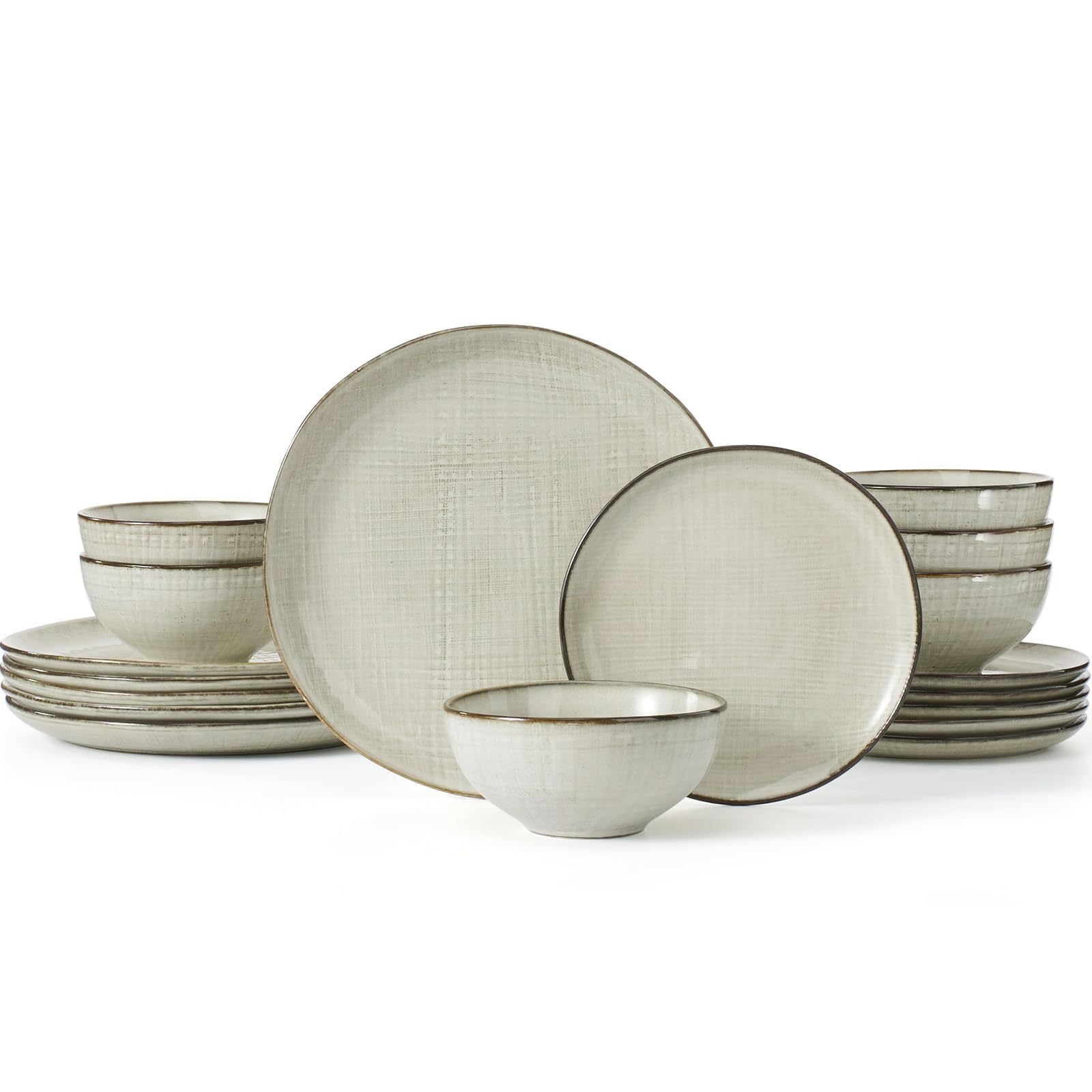 Famiware Moonlight Plates and Bowls Sets, 18 Pieces Stoneware Dinnerware Sets with Linen Finish, Handmade Dishware set for 6, Microwave and Dishwasher Safe, Scratch Resistant Tableware, Summer Sand Image