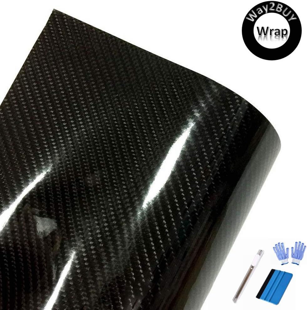 108"x60" 7D Premium High Gloss Black Carbon Fiber Vinyl Wrap for Automotive with Air Release Technology | Interior and Exterior + Free Toolkit (9FT x 5FT)