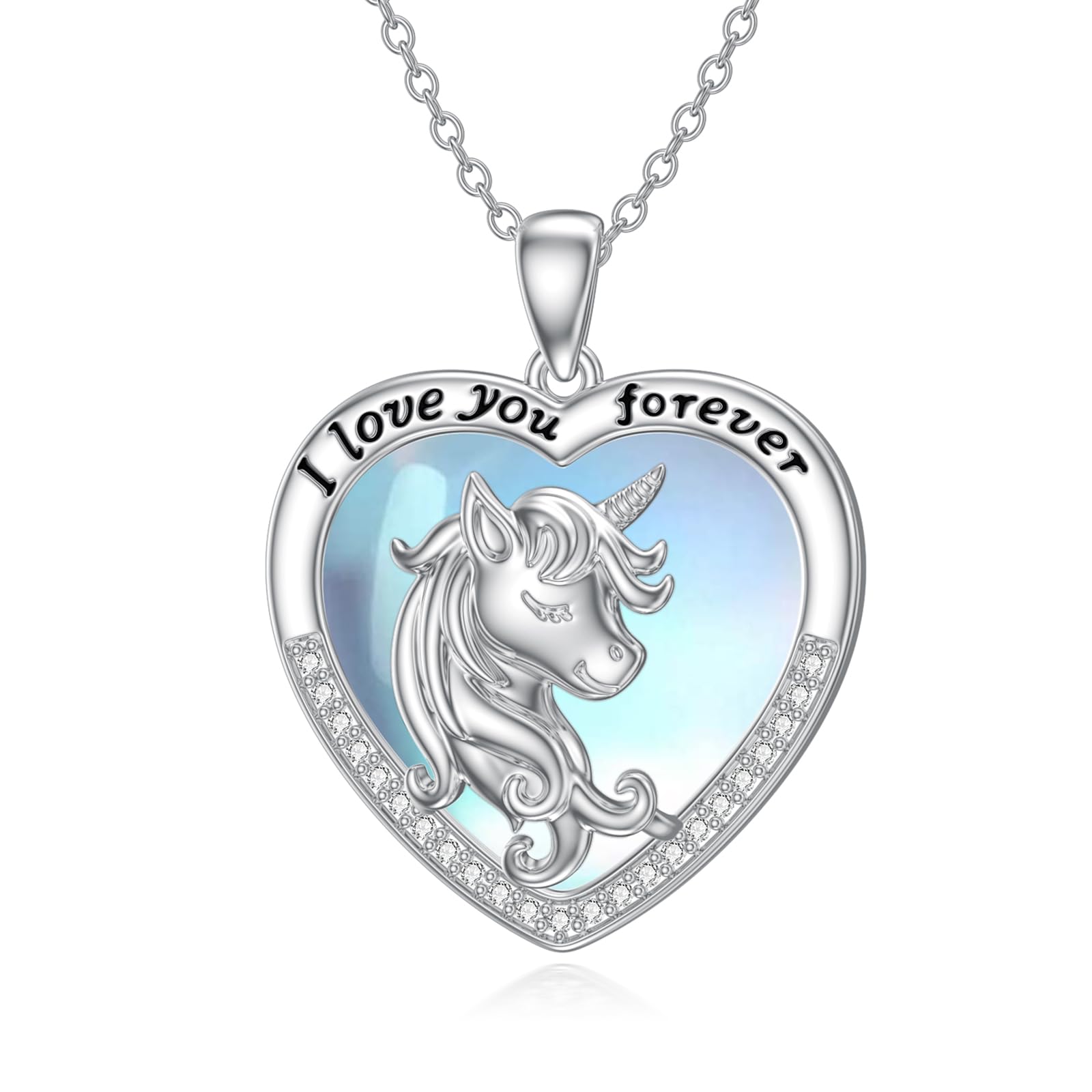 YFN Unicorn Heart Necklace for Girls, Sterling Silver Moonstone Cute Heart Shaped Pendant Jewellery Gifts for Girls Mothers Daughter Granddaughter Niece