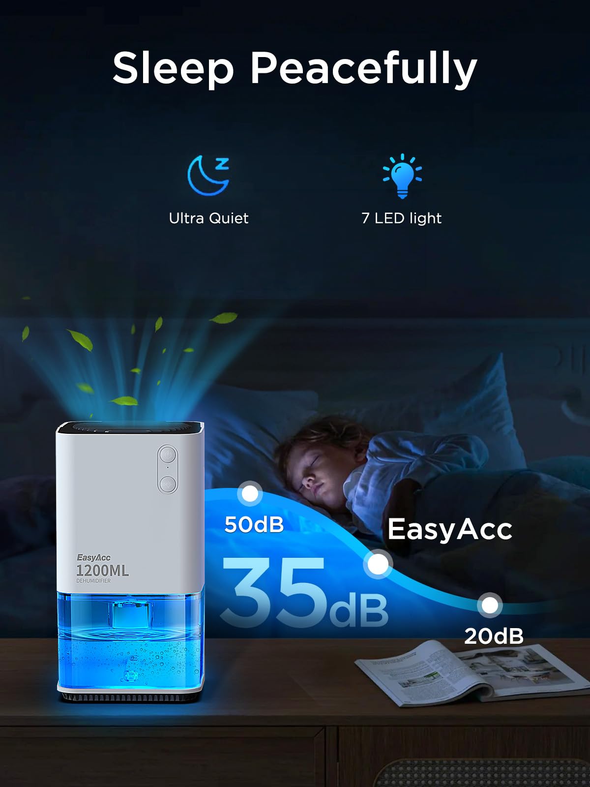 EasyAcc® 1200ml Electric Dehumidifier with Ultra Quiet & Auto Shut off 7 Colorful LED Portable Mini Dehumidifier for Wardrobe, Bathroom, Closet, RV, Bedroom, Garage - White