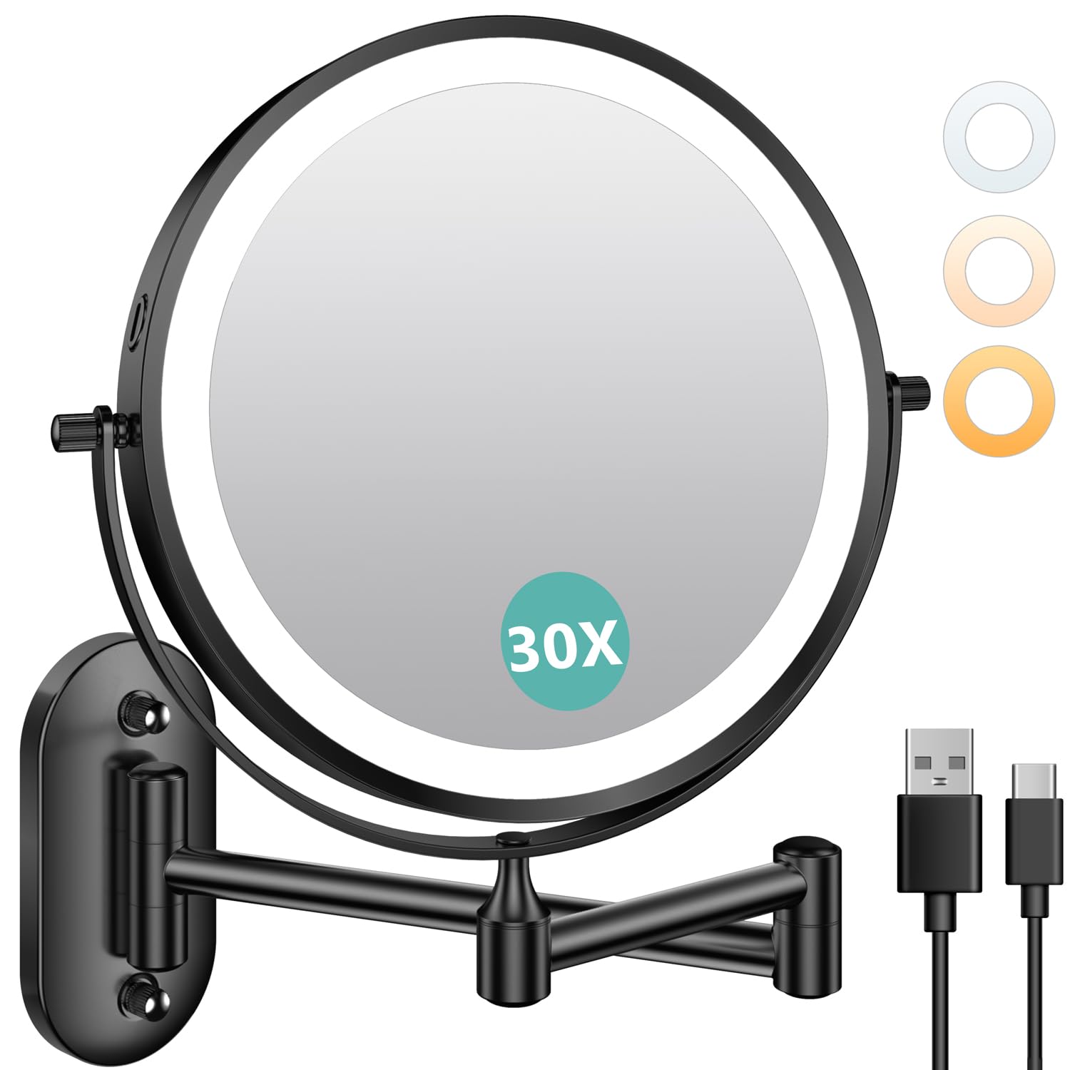 Photo 1 of Auxmir 1X/30X Wall Mounted Makeup Mirror with Light, 8" Rechargeable Double-Sided Magnifying Mirror, Vanity Mirror Dimmable 3 Color Light, 360° Extension Rotation Foldable 14.5 Inch Arm, Black