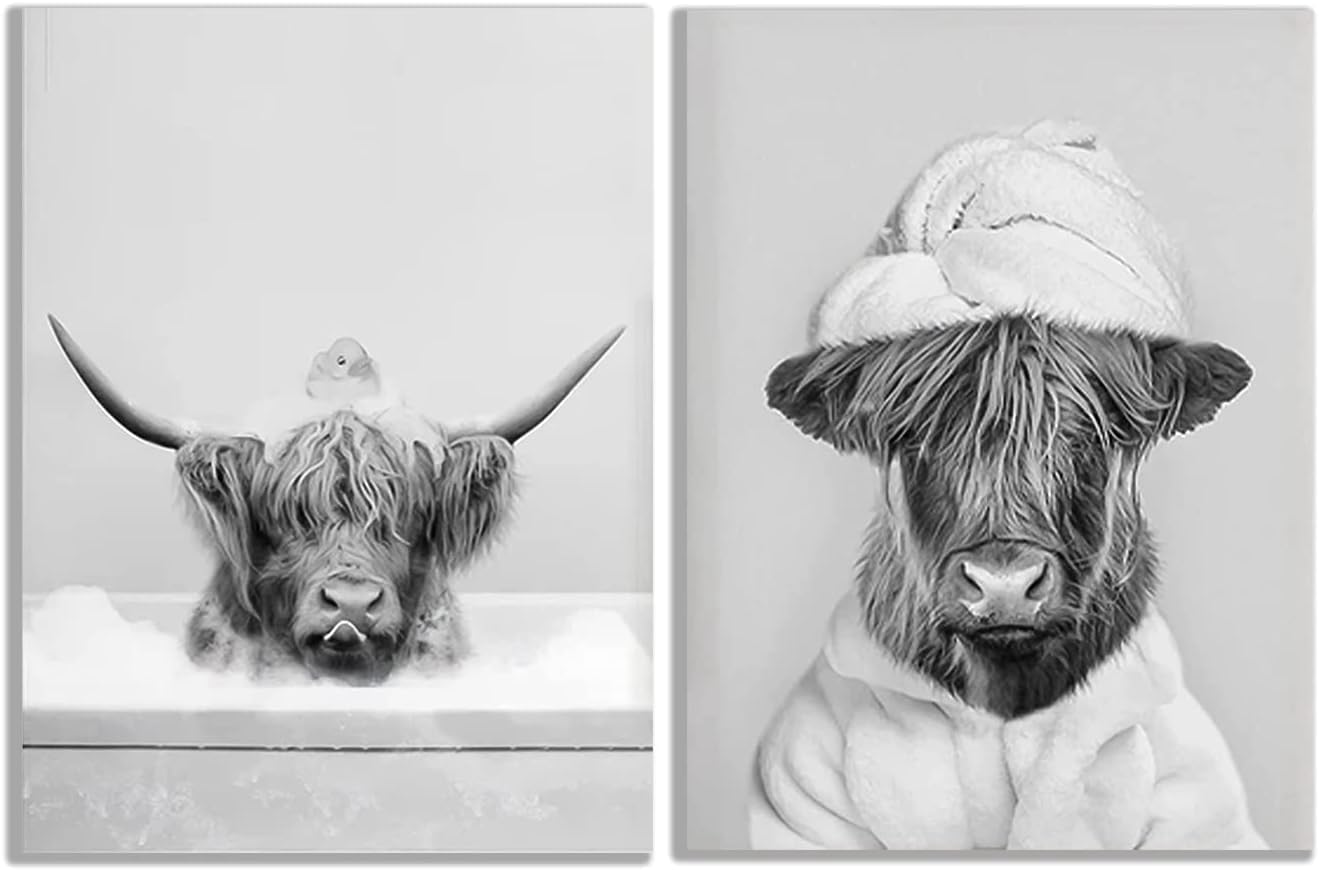 QPLGTU Bathroom Home Background Wall Decoration Poster, Black and White Highland Cow Decoration Photo Wallpaper, Fun Animal Print Poster, Frameless (Highland Cattle 3, 30x40cm*2)