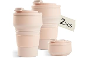 FIJINHOM 2Pcs Collapsible Cup for Traveling, Collapsible Silicone Travel Cup for Hot and 2 Drinks, Leak Proof Silicone Folding Travel Coffee Mug for Camping & Hiking, BPA Free 12oz Pink