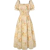 Scarlet Darkness Floral Dress for Women Summer Puff Sleeve Square Neck A Line Flowy Wedding Guest Tea Party Dresses