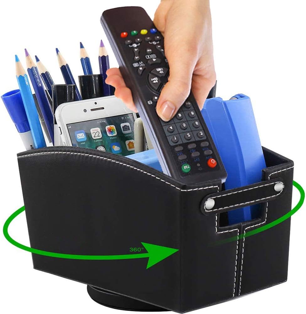 Remote Control Holder, Desk Organizer with Compartments 360 Degree, PU Leather Caddy for Pencil, TV Guide, Mail, Electronics, Phone, Caddy, Eyeglasses, Media and More Office Supplies