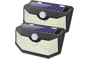 HMCITY 120 LED Outdoor Solar Lights with Motion Sensor and 3 Lighting Modes, IP65 Waterproof Wide Solar Wall Lights Ideal for Garden Patio Yard (Front Button 2Packs, Black Shell-Daylight White)
