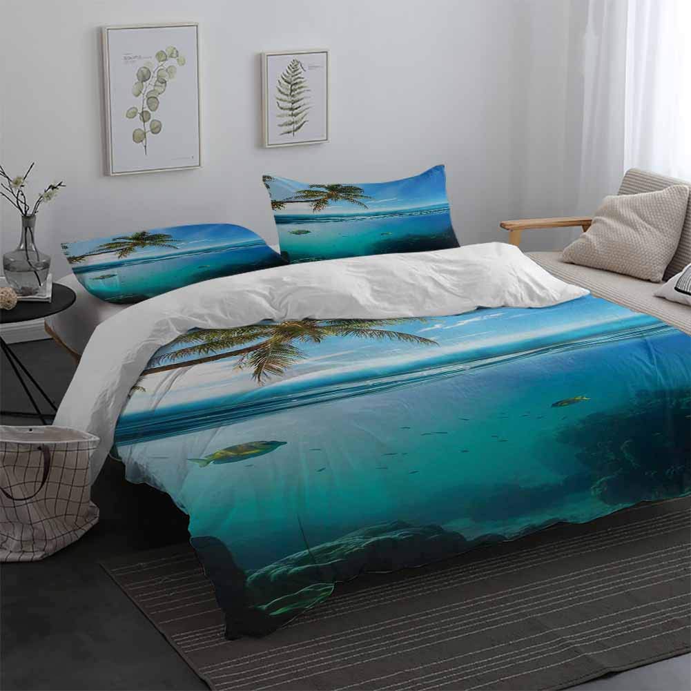 Ocean Sheet Set Microfiber Bedding Tropical Underwater Shot with Surface Coconut Tree and Sky Aqua Water Theme Paradise Image Breathable & Cooling Turquoise King