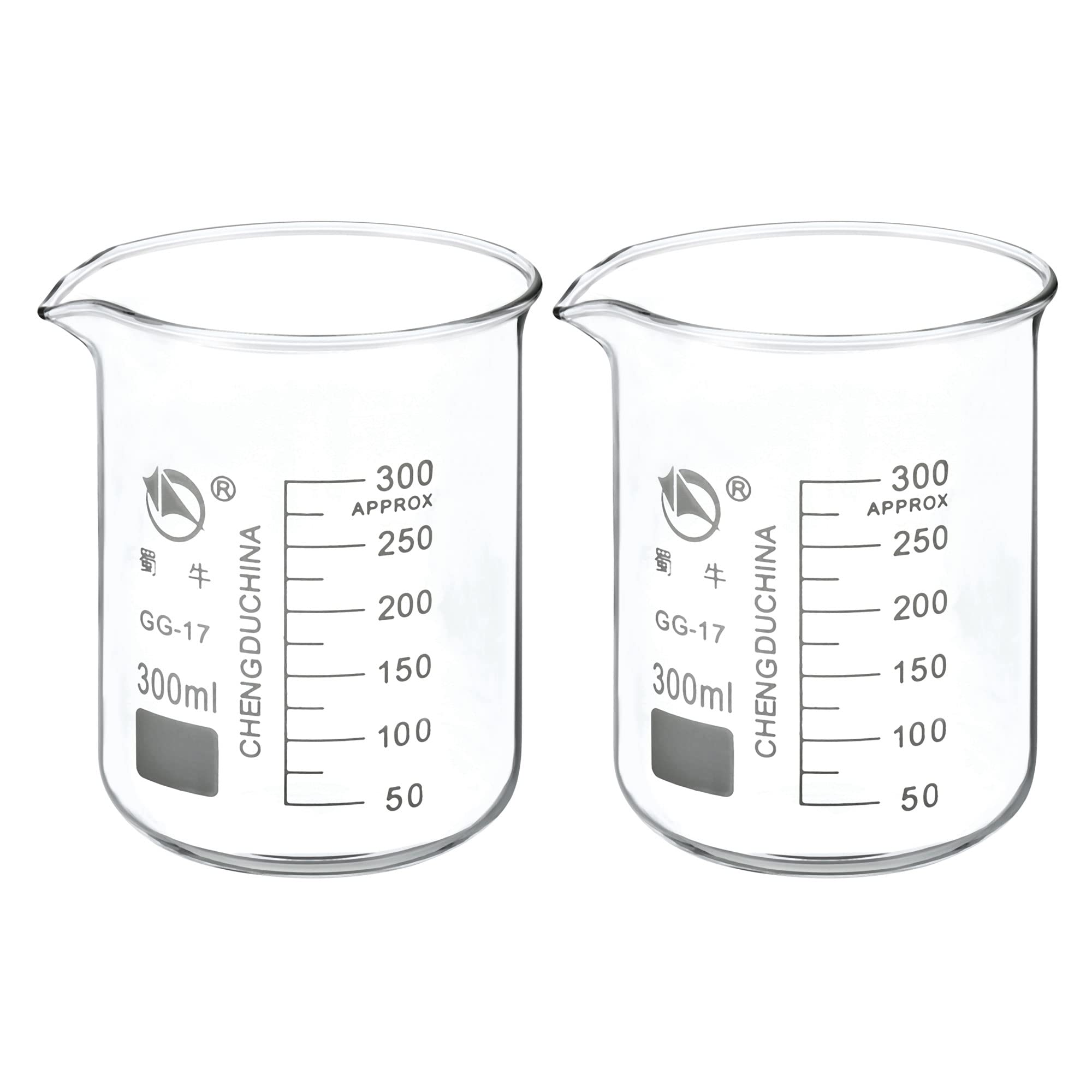 PATIKIL 300ml Low Form Glass Beaker, 2 Pack 3.3 Borosilicate Glass Graduated Printed Scale Measuring Cups with Spout for Kitchen Lab Liquids Transit Boiling