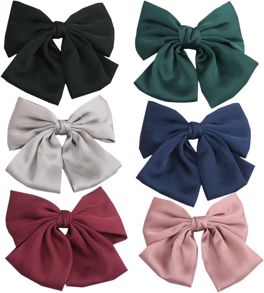 PIDOUDOU Set of 6 Big Satin Solid 8 Inch Bow Hair Clips Women Barrettes