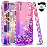 iPhone XS MAX Glitter Case (2018) with Tempered Glass Screen Protector [2 Pack] for Girls Women,LeYi Luxury Diamond Liquid Protective Phone Case for Apple iPhone XS MAX (6.5 inch) Pink/Purple