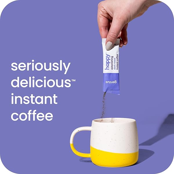 HAPPY INSTANT COFFEE, DARK ROAST WITH NOTES OF SWEET MOLASSES AND BLISS, 8 PACKETS, SINGLE SERVE, USE FOR HOT OR ICED COFFEE, SUSTAINABLY SOURCED