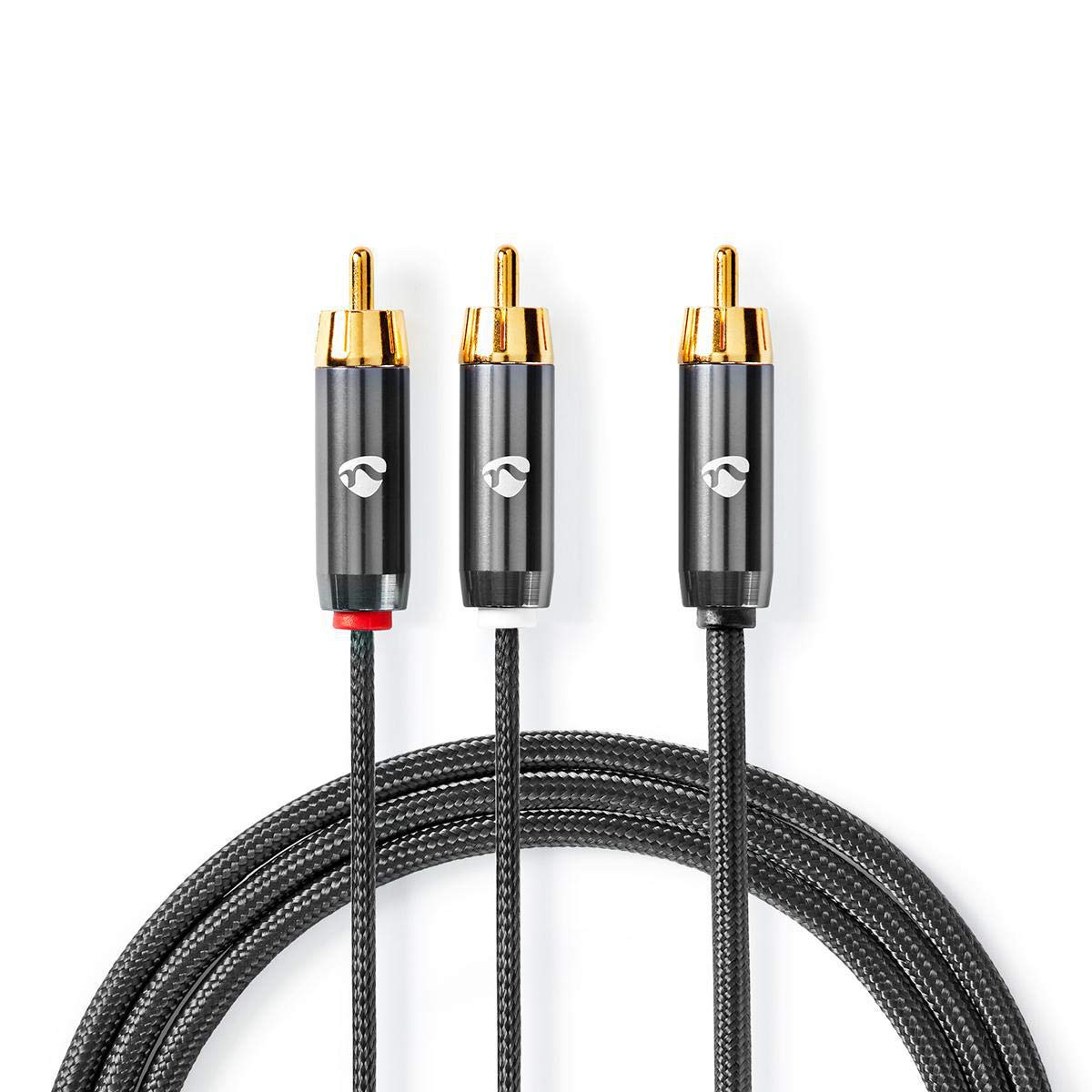 Nedis Profigold Subwoofer Cable 5m, RCA Male to Male, for Hi-Fi Systems & Home Theatre, Deep Bass Stereo Cord, Nylon Braided - Gun Metal Grey