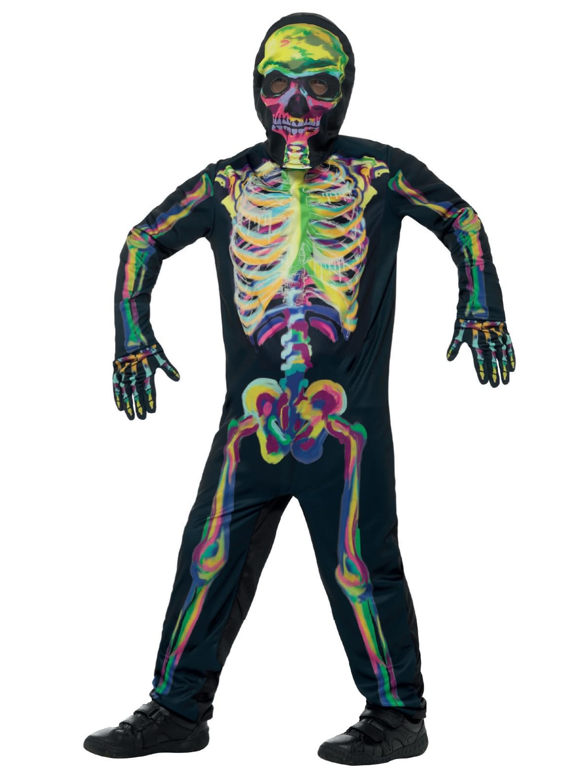 Smiffys Glow in the Dark Skeleton Costume, Multi-Coloured with Bodysuit, Mask & Gloves, Halloween Child Fancy Dress, Skeleton Dress Up Costumes