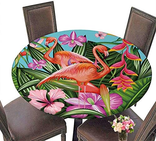 PINAFORE Round Premium Tablecloth Exotic Tropical with Flamingo and Flowers Stain Resistant 47.5"-50" Round (Elastic Edge)