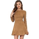 Allegra K Women's Faux Suede Round Neck Elegant Long Sleeve Ruffle Dress